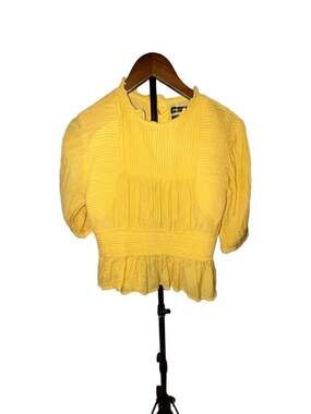 Something Navy Pleated Peplum Top Yellow Whip Pastel Puff Sleeve - Size Small